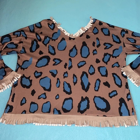 MISSLOOK scooped neck long sleeve sweater bold animal print fringe hems size 2X - Picture 3 of 11